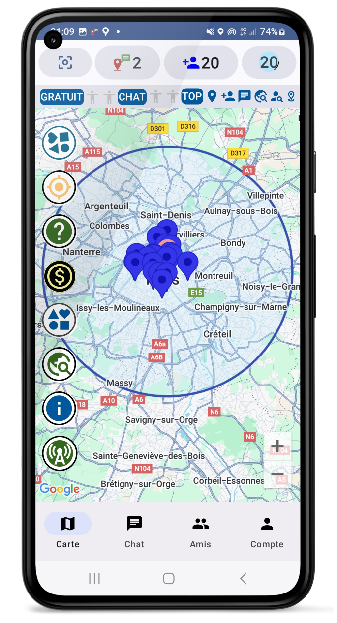 Carte et menu supérieur avec les utilisateurs proches